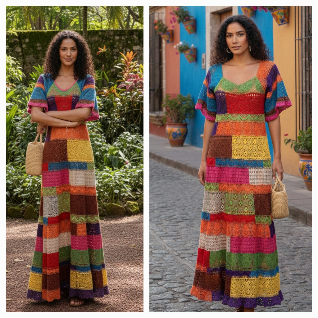 Vintage Festa De Mexico Colorful Crochet Maxi Dress
